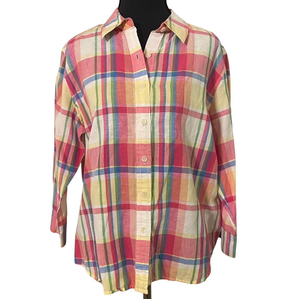 Talbots Petite M Irish Linen Blend Plaid Shirt Pastel Pink Coastal Preppy Summer